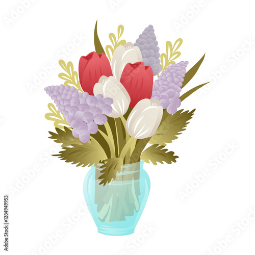 Bouquet of different spring and summer flowers in vase. Isolated vector illustration on white. Bouquet of red and white tulbpans, purple hyacinths with greenery. Women's Day, Mother's Day.