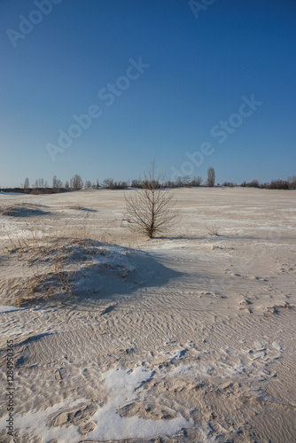 Sand quarry in th Vilnohirsk , Ukraine. Winter landscape on the sand quarry ,sun rays on the sy , beautiful colors on the picture . Path on the sand . Road and trees with lights of the sun . Trees  photo