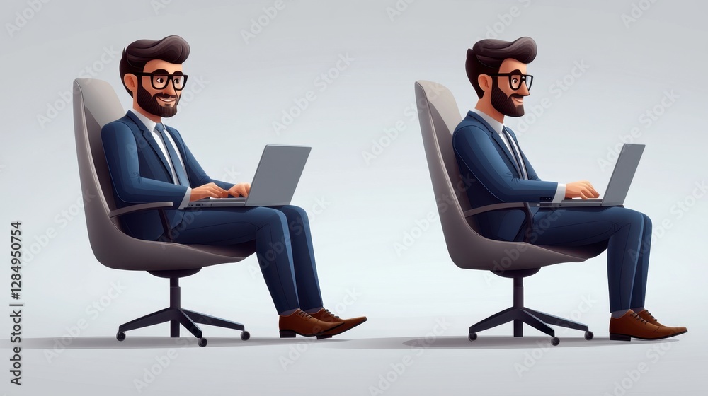 A Professional Depiction of a Man in Business Attire Using a Laptop in Two Stances A Professional Depiction of a Man in Business Attire Using a Laptop in Two Stances