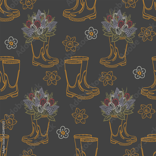 Pattern. Royalty-free pattern. Rubber boots with bouquet of spring flowers, tulips, daffodils, hand drawn coloring line. doodle illustration on dark graphite background. Yellow, purple, red, green.