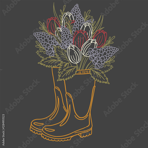 Rubber boots with bouquet of spring flowers, tulips, narcissus, hand drawn outline line coloring. Tsyet doodle illustration on dark graphite background. Yellow, purple, red, green.