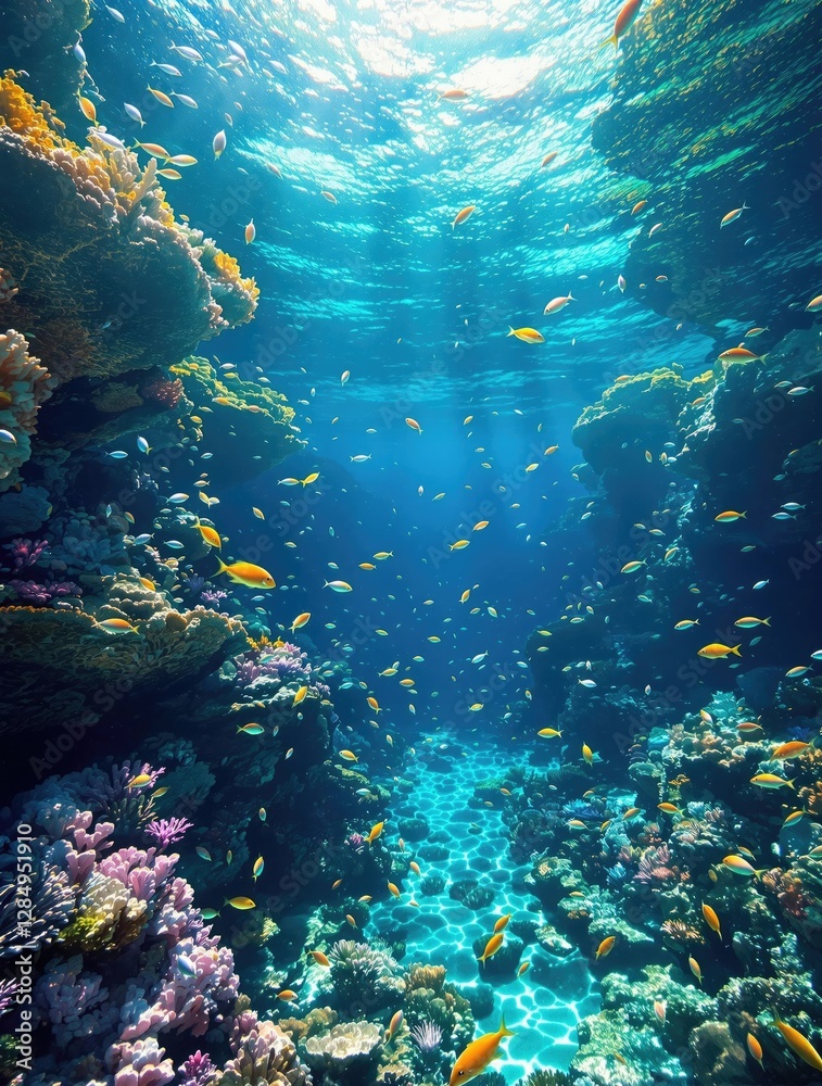 Naklejka premium Whimsical underwater scene featuring colorful fish swimming amidst vibrant coral reefs, fantasy, colorful, underwater