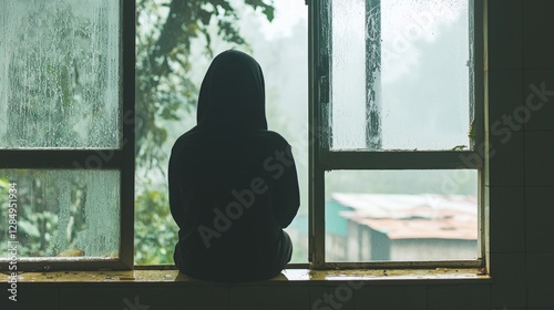 Solitary Figure at Window  Rainy Day  Gloomy  Contemplative  Sadness  Depression  Loneline photo