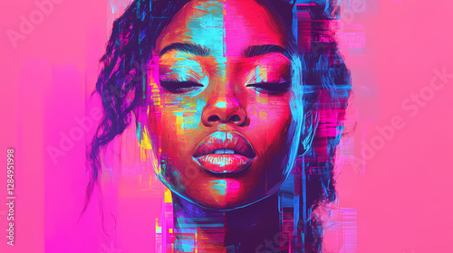 Abstract portrait with glitch effect and vibrant colors. Glitch Aesthetic Portrait. Illustration