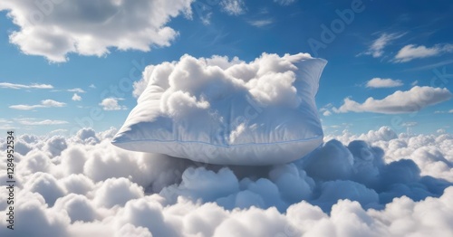 White pillow floating in the clouds on a blue sky background, sleepiness, nap, cozying, overhead