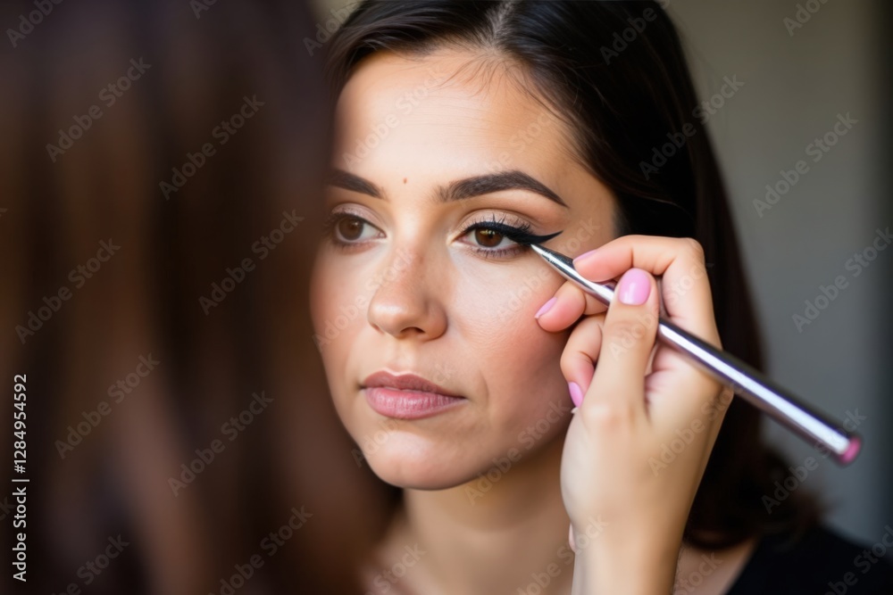 Makeup Application on a Young Latina Woman in a Natural Setting: A Close-Up of Precision Eye Makeup Techniques and Professional Beauty Practices Makeup Application on a Young Latina Woman in a Natural Setting: A Close-Up of Precision Eye Makeup Techniques and Professional Beauty Practices
