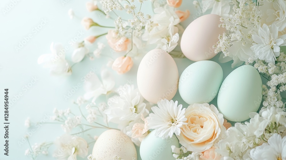 A harmonious pastel-toned Easter arrangement with carefully placed eggs in soft hues of mint green, blush pink, and pale yellow, nestled among delicate fresh flowers. A harmonious pastel-toned Easter arrangement with carefully placed eggs in soft hues of mint green, blush pink, and pale yellow, nestled among delicate fresh flowers.
