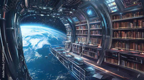 Fototapeta Naklejka Na Ścianę i Meble -  Futuristic space station with breathtaking views of earth. Interstellar Library Bookshelves. Illustration