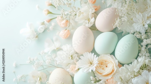 A harmonious pastel-toned Easter arrangement with carefully placed eggs in soft hues of mint green, blush pink, and pale yellow, nestled among delicate fresh flowers. 