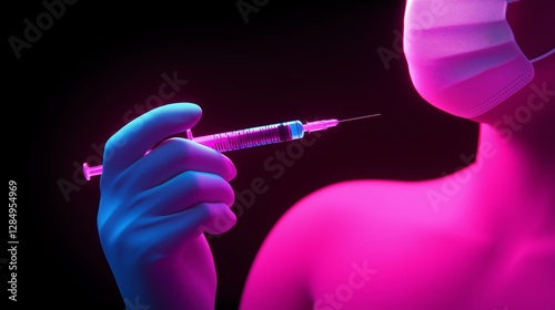 A close-up of a hand holding a syringe, illuminated with vibrant colors against a dark background, symbolizing medical procedures, vaccinations, and healthcare advancements. photo