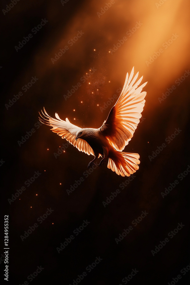 Fototapeta premium Weiße Taube fliegt durch einen strahlend beleuchteten Raum