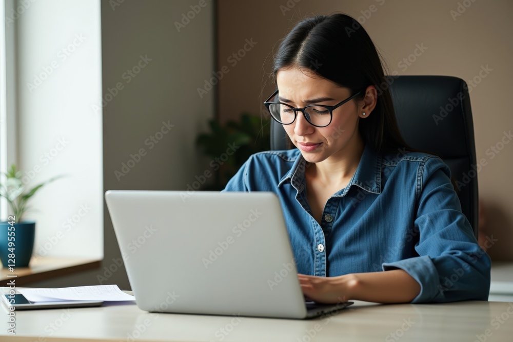 Young Hispanic Woman with Glasses Working on Laptop in Modern Office Setting, Focused and Professional, Natural Light Streaming Through Windows Young Hispanic Woman with Glasses Working on Laptop in Modern Office Setting, Focused and Professional, Natural Light Streaming Through Windows