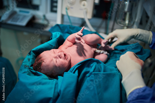Fotografía Hands, baby and newborn with doctor at hospital for delivery, check and assessment with first cry