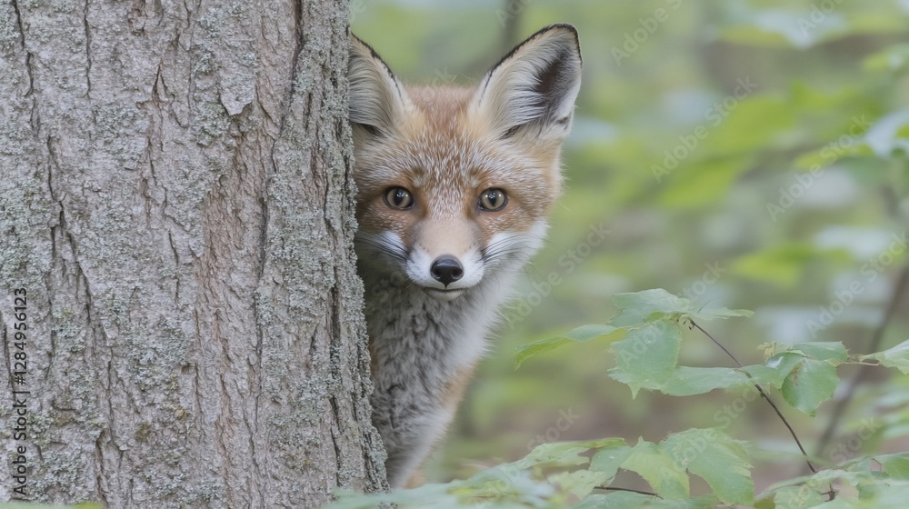 Fototapeta premium Red fox peeking tree forest wildlife nature