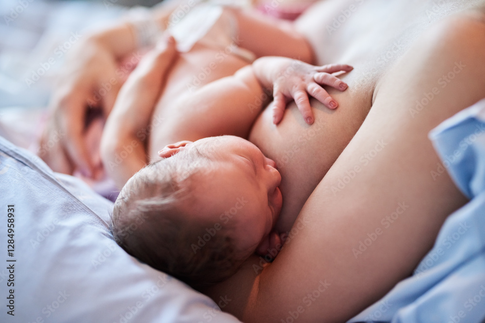 Newborn birth, mother and skin with breastfeeding in hospital for nutrition, growth and immune protection. New life, woman and feeding baby on clinic bed for connection, child development and health Newborn birth, mother and skin with breastfeeding in hospital for nutrition, growth and immune protection. New life, woman and feeding baby on clinic bed for connection, child development and health