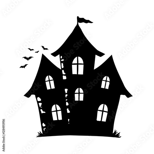 Spooky Mansion Silhouette with Bats Flying Around