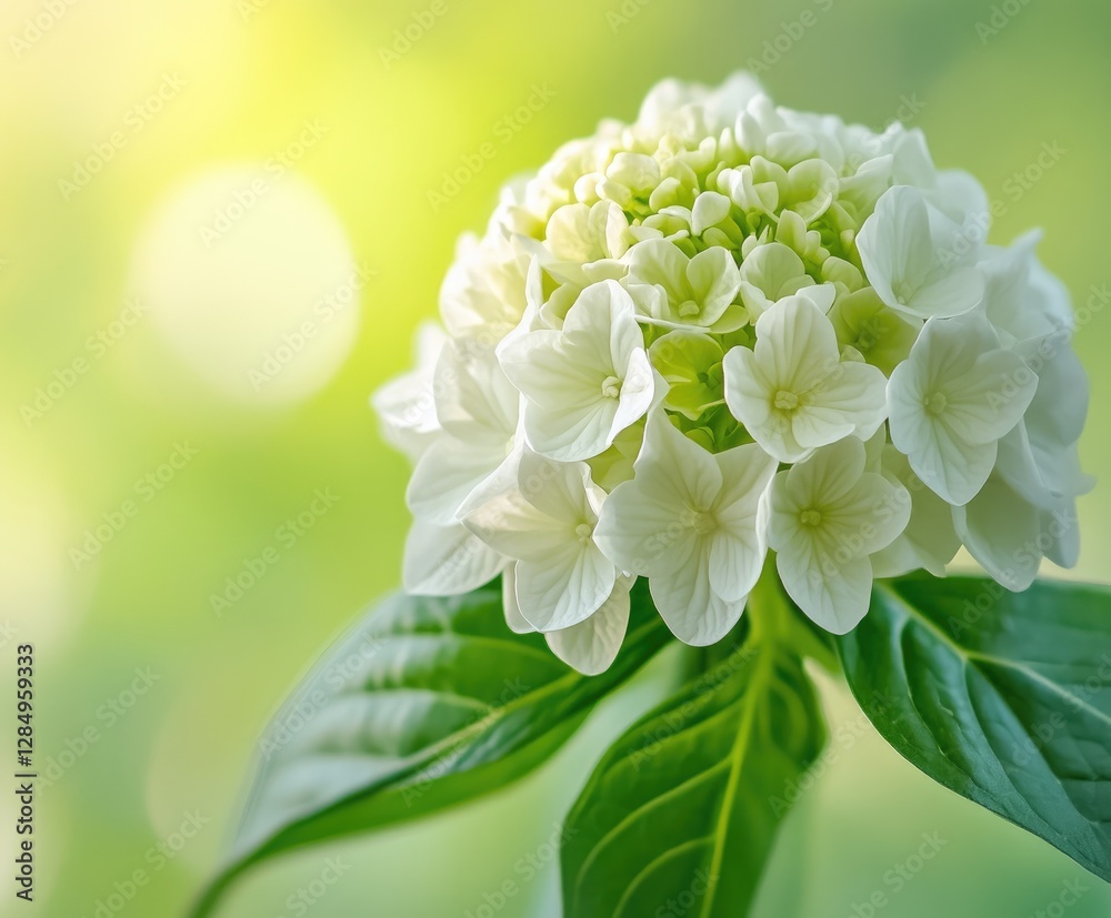Vibrant white flowers bloom against a backdrop of lush greenery, illuminated by warm sunlight, symbolizing the rejuvenation of nature during spring
