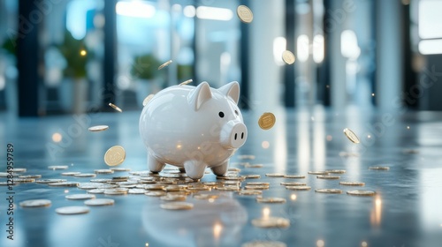 A white piggy bank with coins falling around it, set in a modern indoor environment with reflective flooring a