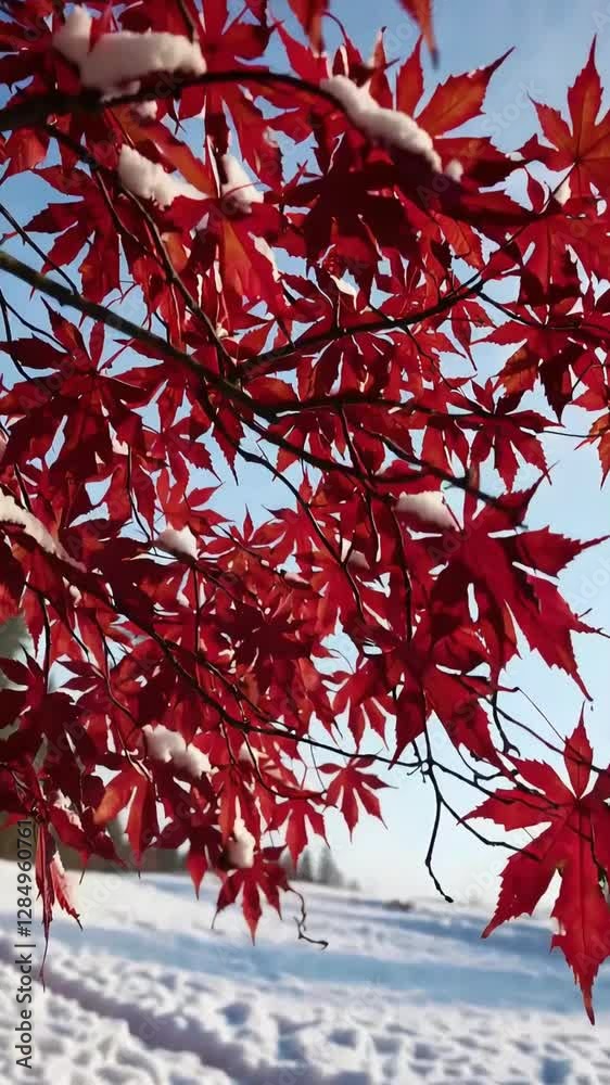 Vivid red autumn leaves covered in fresh snow, creating a stunning contrast of warm and cold tones. A mesmerizing seasonal transition. Vivid red autumn leaves covered in fresh snow, creating a stunning contrast of warm and cold tones. A mesmerizing seasonal transition.