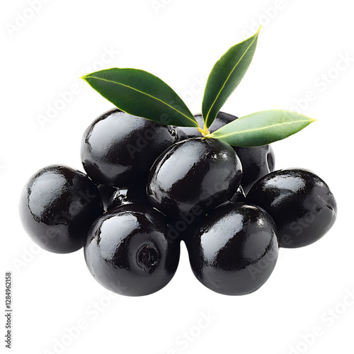 A Handful of Fresh Black Olives with Leaves Isolated on Transparent Background