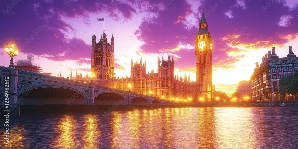 Obraz premium Stunning Sunset Over London's Iconic Big Ben and Houses of Parliament Reflecting on River Thames - Vibrant Purple and Orange Sky and Bridge Landmarks
