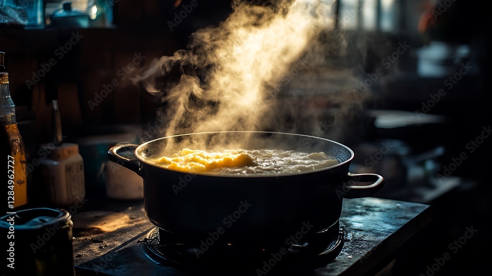 Cooking Food Simmering in a Pot with Steam Rising in Kitchen Cooking Food Simmering in a Pot with Steam Rising in Kitchen