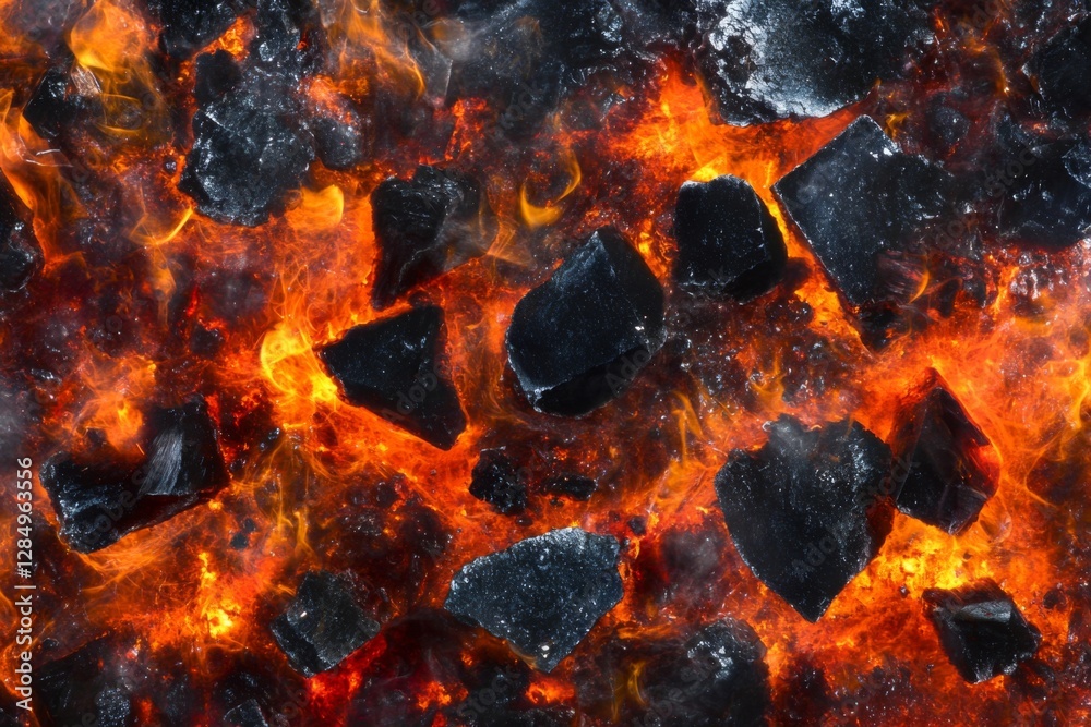 Flames dance around jagged pieces of glowing coal in a fire pit, providing warmth and ambiance during a nighttime gathering. The flickering light illuminates the dark surroundings. Generative AI Flames dance around jagged pieces of glowing coal in a fire pit, providing warmth and ambiance during a nighttime gathering. The flickering light illuminates the dark surroundings. Generative AI