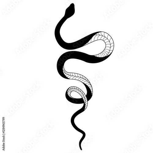 Elegant and whimsical silhouette of a snake intertwining in a graceful dance of doodles and patterns