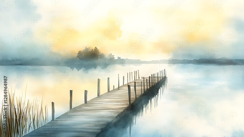 Fototapeta premium A wooden pier is in the water with a bridge leading to it