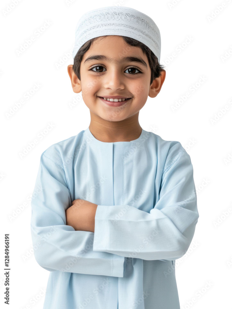 Portrait of a smiling boy with arms crossed in traditional light blue attire with a white cap against a transparent background Portrait of a smiling boy with arms crossed in traditional light blue attire with a white cap against a transparent background