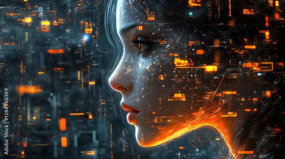 Woman merges with technological circuits digital age concept art Woman merges with technological circuits digital age concept art