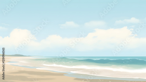 A beach scene with a blue sky and ocean waves