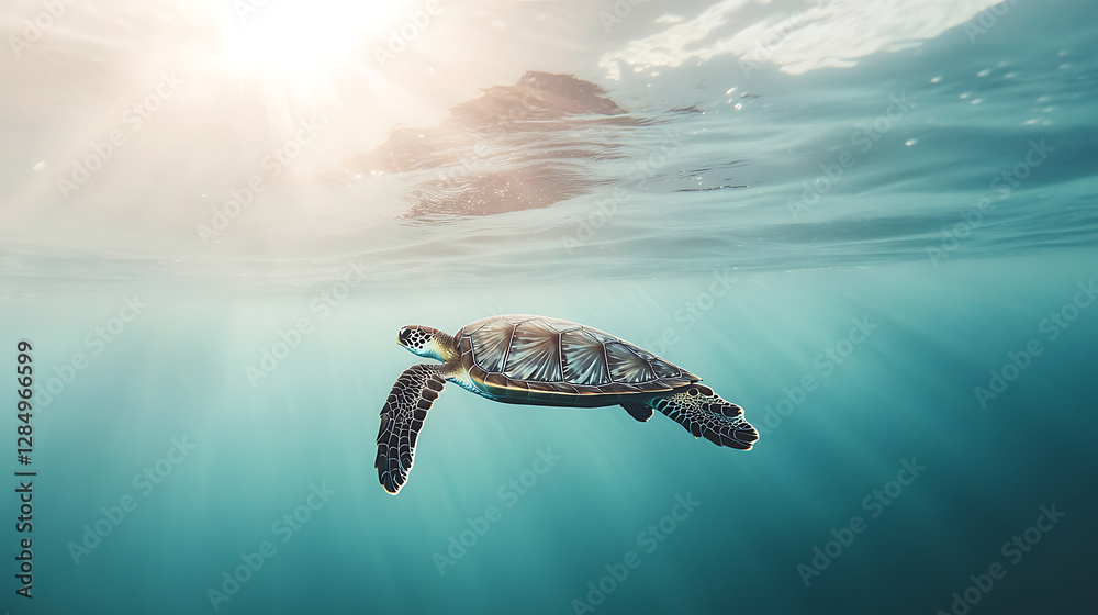 Obraz premium A turtle swimming in the ocean with the sun shining on it