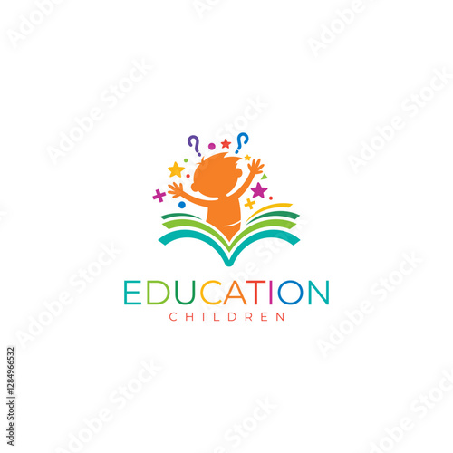 Kids logo and book design combination, icon of a child who loves reading books
