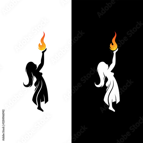 torch icon, logo of a beautiful woman holding a burning fire