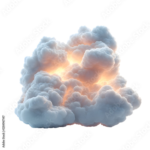 A Fluffy 3D Cartoon Cloud with Glowing Silver Lining and Bright Orange Light Isolated on Transparent Background