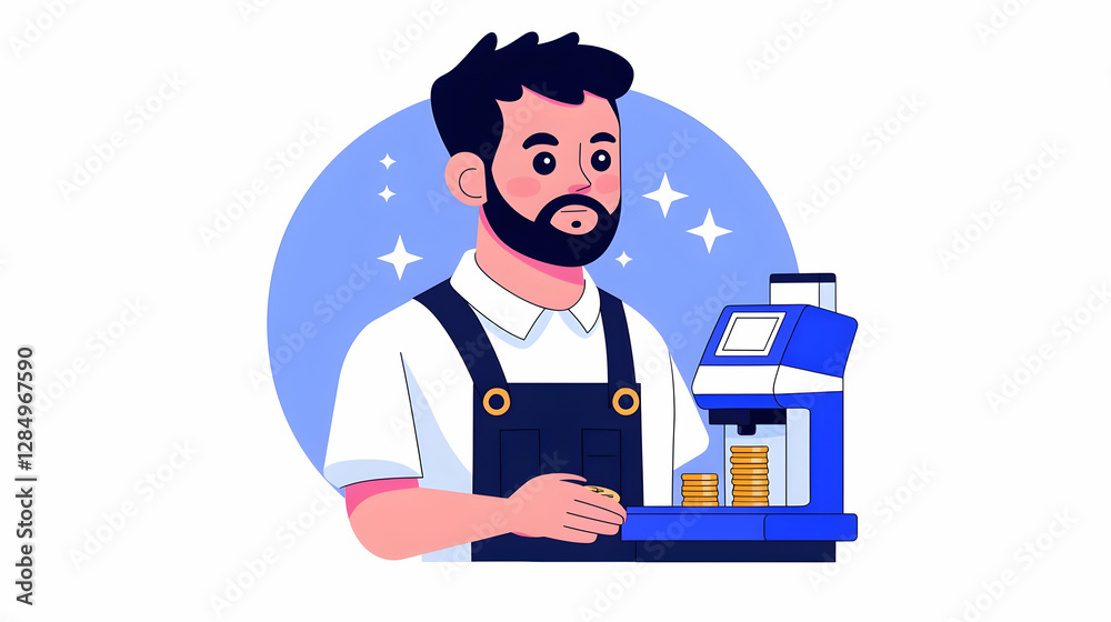Pixel Art Illustration of Bearded Man Operating a Coin-Counting Machine Pixel Art Illustration of Bearded Man Operating a Coin-Counting Machine