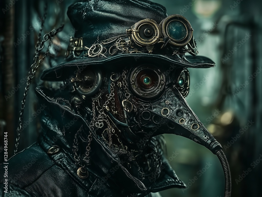 Fototapeta premium Stylish Plague doctor in mask and hat in the theme and style of cyberpunk and steampunk.