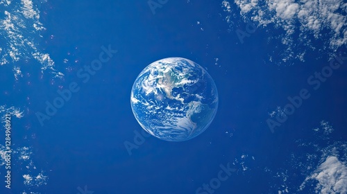 Earth seen in the background of a blue screen, generative AI, symbolizing environmental awareness, global connectivity, and modern digital design photo