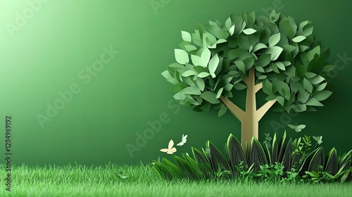 Eco-friendly paper-cut tree concept for carbon emissions reduction, highlighting sustainability and environmental care in design. - photo