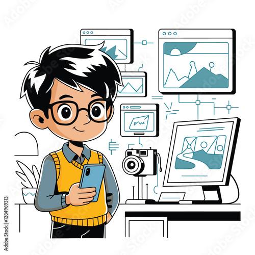 2d vector illustration technology , ai robot helping children at study pc and tablet , children background land escape 
