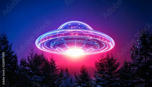 Abstract, high-resolution 3D glass UFO with Christmas lights hovering over a pine tree forest-like