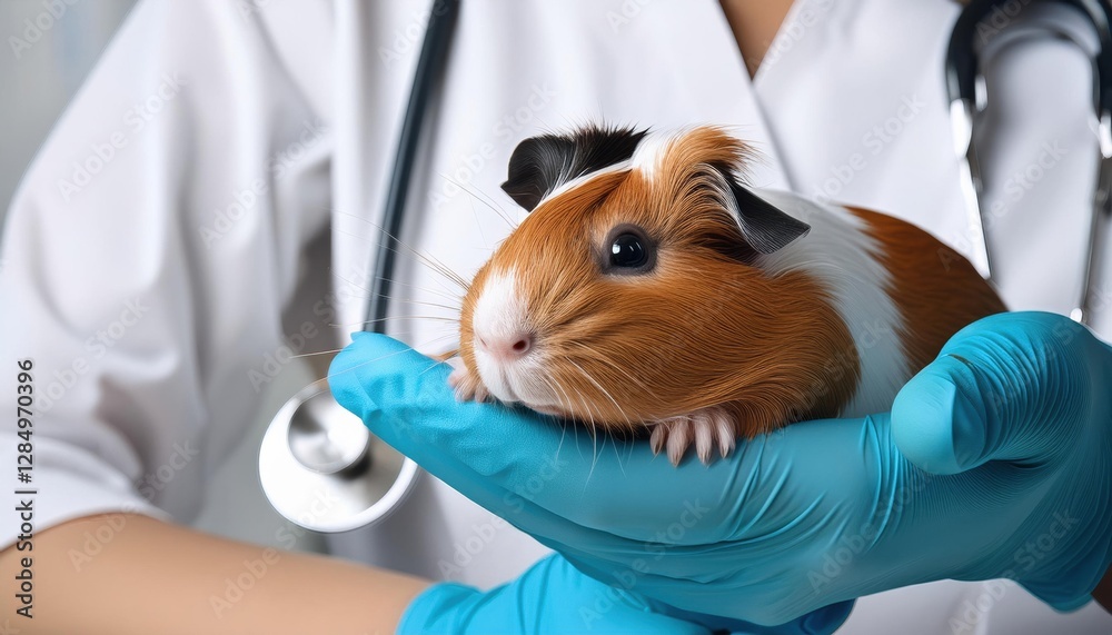 Veterinarian examining a guinea pig in a clinic setting during check-up Veterinarian examining a guinea pig in a clinic setting during check-up