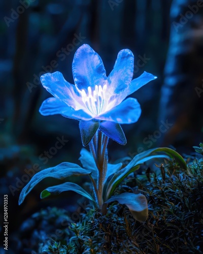 Ethereal Blue Glow Flower Illuminating Dark Forest Background