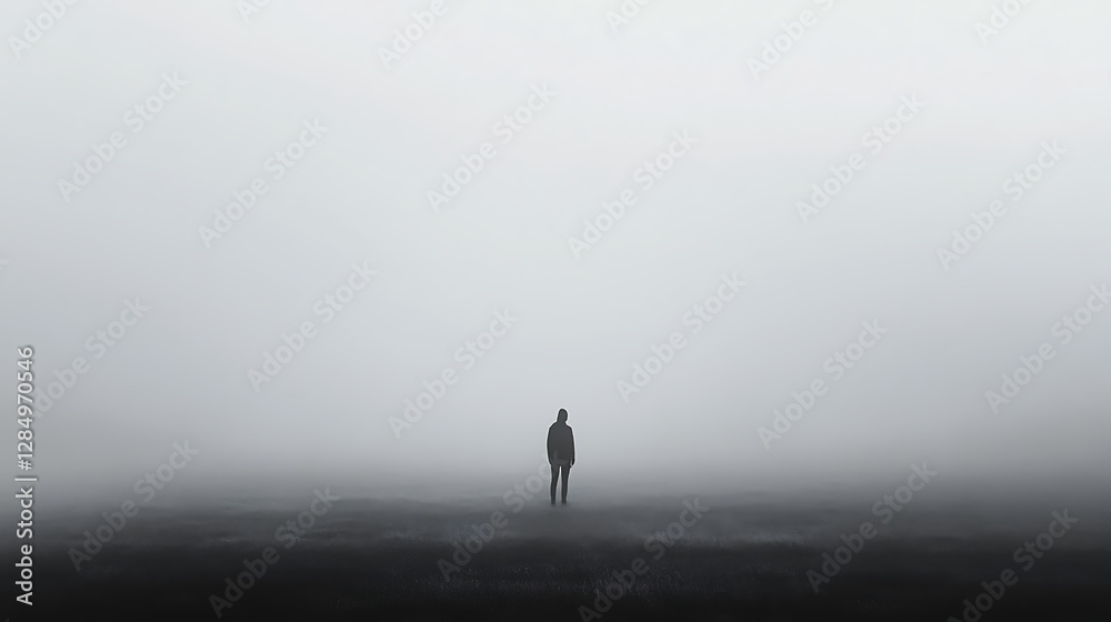 A person is standing in a foggy field A person is standing in a foggy field