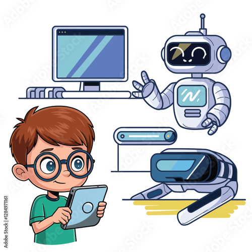2d vector illustration technology , ai robot helping children at study pc and tablet , children background land escape 
