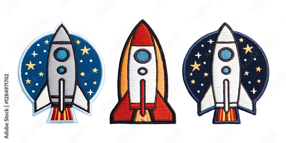 Three Varieties of Rocket Embroidered Patch Badges on Transparent Background, PNG Transparent Three Varieties of Rocket Embroidered Patch Badges on Transparent Background, PNG Transparent