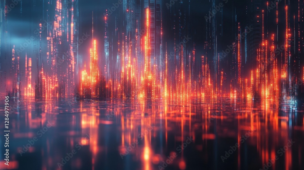 Abstract digital cityscape reflecting in a watery surface below Abstract digital cityscape reflecting in a watery surface below