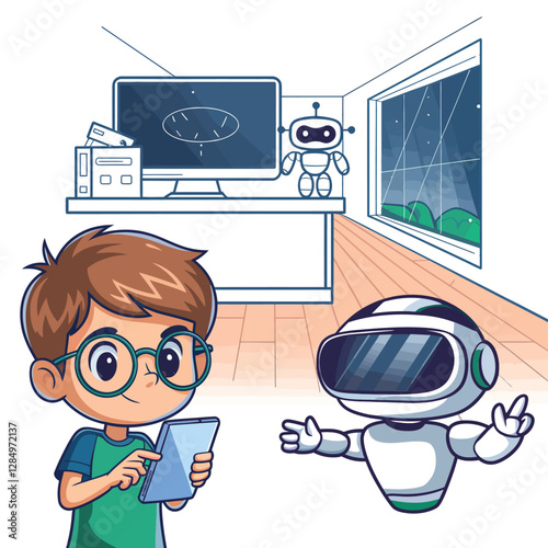 2d vector illustration technology , ai robot helping children at study pc and tablet , children background land escape 
