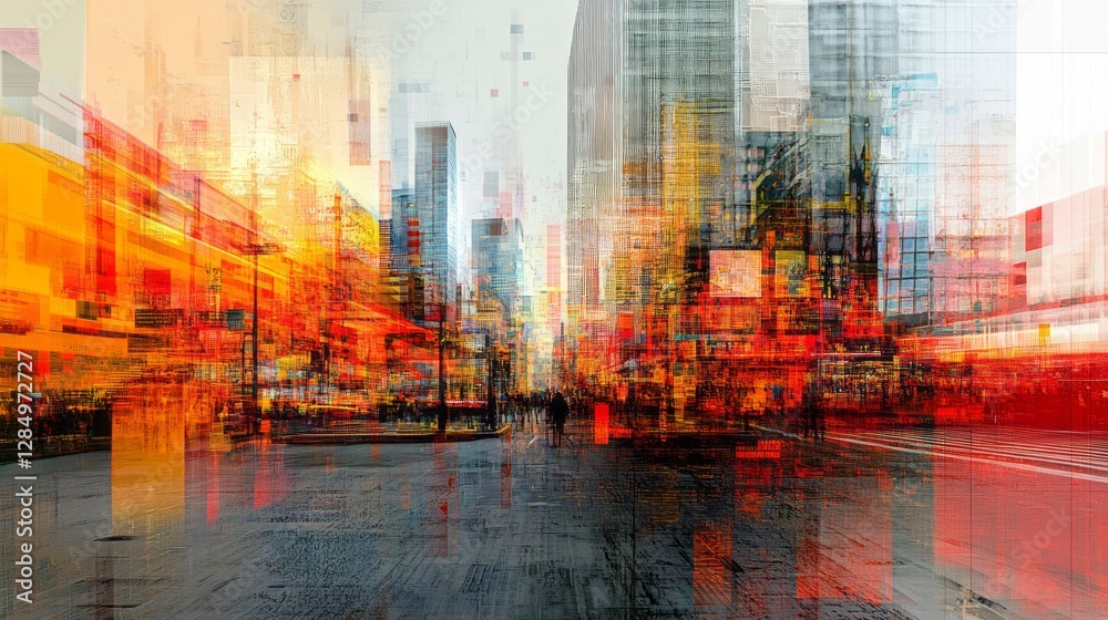 Fototapeta premium Impressionistic urban cityscape showcases towering buildings and abstract reflections